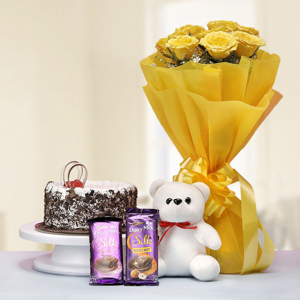 Chocolate N Flowers With Teddy N Cake